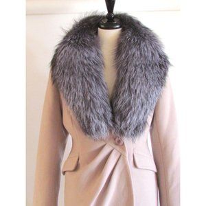 Medina Cream Wool Blend Silver Fox Fur Collar Designer Belted Coat Size Med